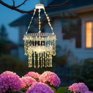 Solar Hanging Crystal Chandelier Outdoor Garden Decorative Lights Powerful Lithium Battery 54 Warm White LEDs Waterproof Hanging Lantern for Garden, Yard, Patio, Gazebo, Party, Wedding 2 Tier