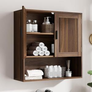 Smuxee Bathroom Cabinet Wall Mounted, Walnut Medicine Cabinet with Fluted Doors & Adjustable Shelf, Bathroom Cabinet for Bath Room, Living Room, Laundry Room