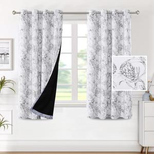 H.VERSAILTEX 100% Blackout Curtains for Living Room Camellia Floral Blackout Curtains 63 Inches Long Light Blocking Window Treatment Curtains with Black Liner Grommet Thermal Drapes, 2 Panels, Grey