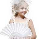 White Victoria Hat Set - Derby Fascinator 2026 Set for 1920s 50s Costume Party, Girls High Tea Pary Church Kentucky Hats with Pearl Necklace Earring Hand Fan and Lace Gloves Kit