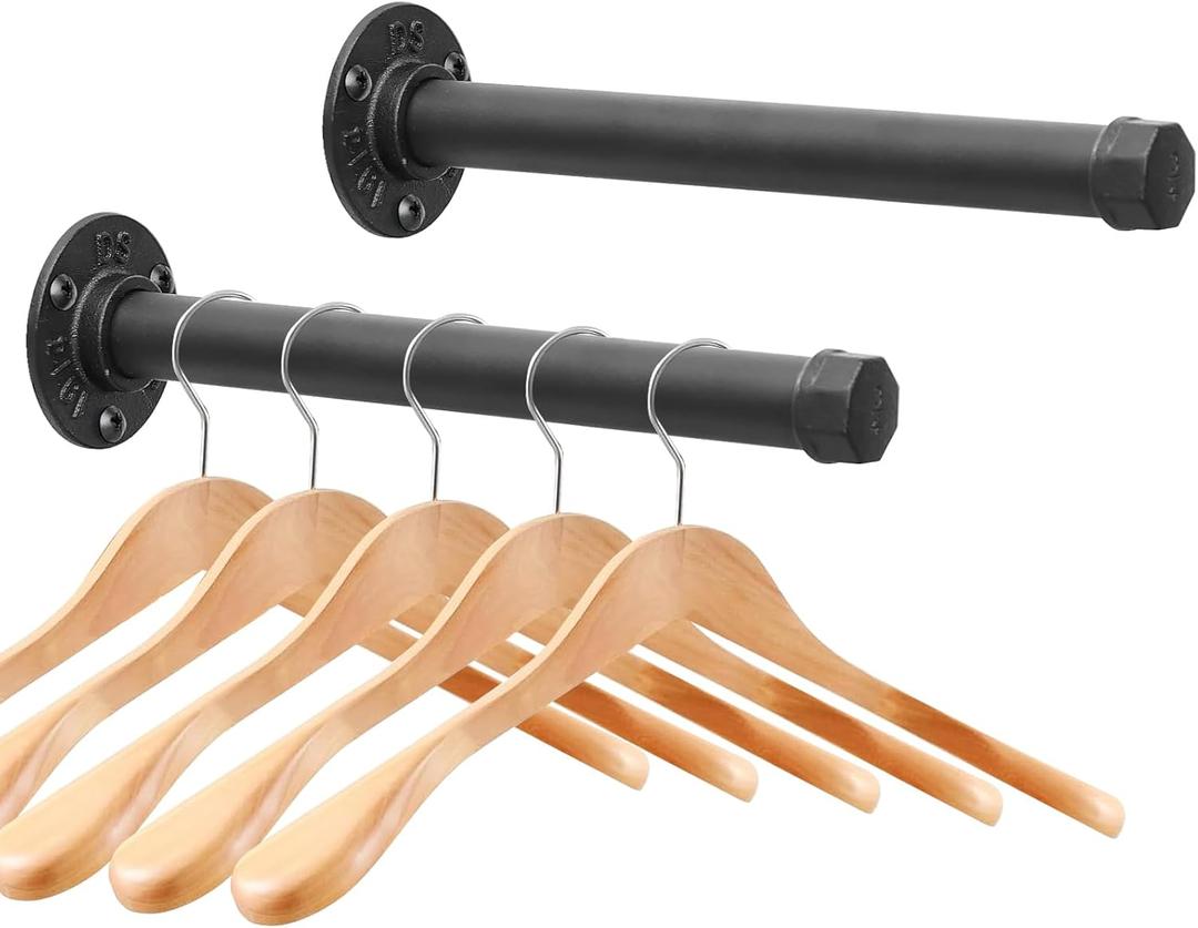 Cast Iron Wall Mounted Clothes Rack, Heavy Duty Industrial Pipe Clothing Rack for Hanging Clothes, Garment Racks for Wardrobe Organizers and Storage, DIY Closet Rods Closet Bar (Black 2 Pack, 12 in)