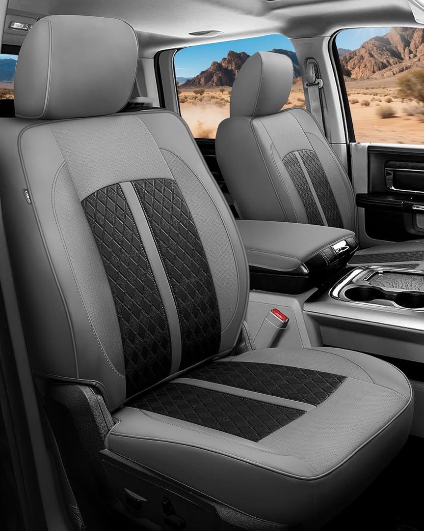 Leather Car Seat Covers for Dodge Ram 1500 4 Door 2011-2018 & 2019-2024 Crew Cab, Custom Fit Truck Seat Protectors Full Set, Gray Black (Bucket Seat with 40/60 Split Rear Curved Bench)
