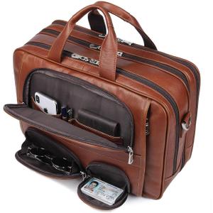 Augus Business Travel Briefcase Genuine Leather Duffel Bags for Men Laptop Bag fits 15.6 inches Laptop (Light Brown)