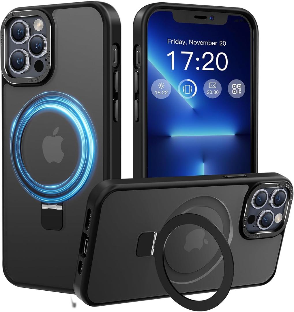 Compatible with iPhone 13 pro Case with Magnetic Ring Stand, Military Drop Protection, Anti-Scratch/Anti-Fingerprint Translucent Matte Phone Case for iPhone 13 pro (Black)