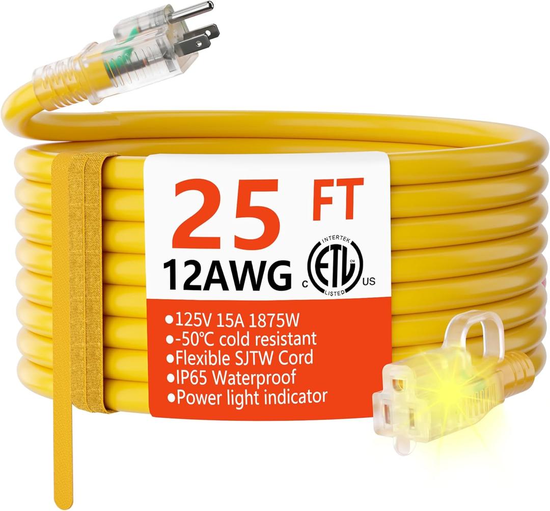 HUANCHAIN 12/3 Gauge Heavy Duty Outdoor Extension Cord 25 ft Waterproof with Lighted end, Flexible Cold-Resistant 3 Prong Electric Cord Outside, 15Amp 1875W 12AWG SJTW, Yellow, ETL