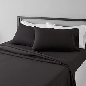 Amazon Basics Lightweight Super Soft Easy Care Breathable Microfiber 4 Piece Cozy Comfortable Bed Sheet Set, Wrinkle Resistant with 14-Inch Deep Pockets, Queen, Black, Solid