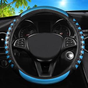 Car Leather Steering Wheel Cover - Carbon Fibre Material, Universal 14.5-15 Inch Leather Anti-Slip Breathable Auto Steering Wheel Covers for Men Women (3D Massage - Sky Blue)