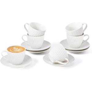 Espresso Cup and Saucer Set of 6, 6 oz Ceramic Cappuccino Barista Cup with Saucer, Stackable Coffee Mugs for Demitasse, Au Lait, Latte, Cafe Mocha, Tea, Birthday Day Thanksgiving Christmas Gift, White (Waves)