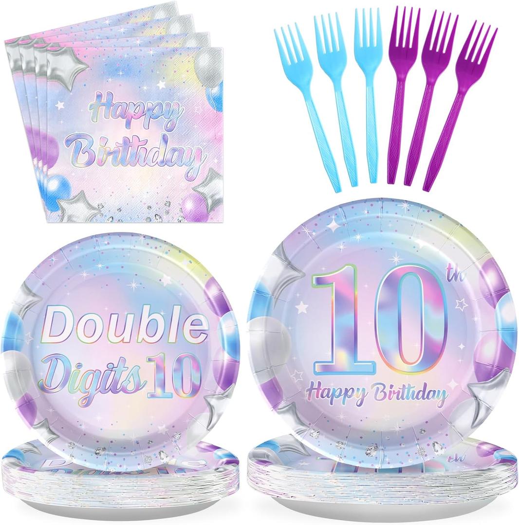 96 Pcs 10th Birthday Party Supplies Iridescent Double Digits Birthday Girl Plates and Napkins Tableware Set In My Double Digits Era Party Decor for 10 Year Old birthday Decorations Girl Boy Serves 24