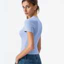 QINSEN Women's Crewneck Short Sleeve T Shirts Ribbed Button Going Out Trendy Tops (Blue, S)