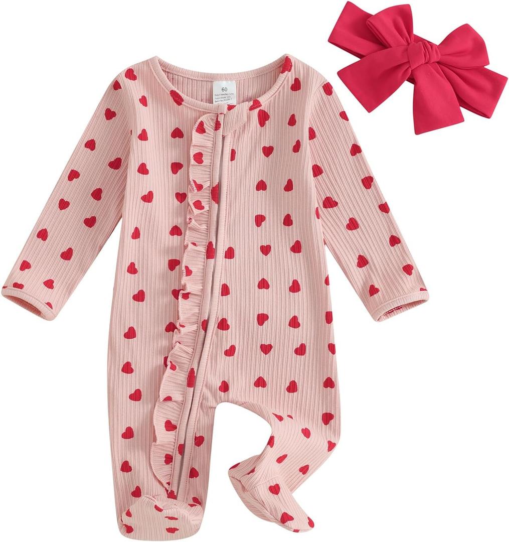 Ayalinggo Valentines Baby Girl Outfit Bowknot Heart Footie Romper Long Sleeve Onesie Newborn Christmas Easter Clothes (3-6 Months)