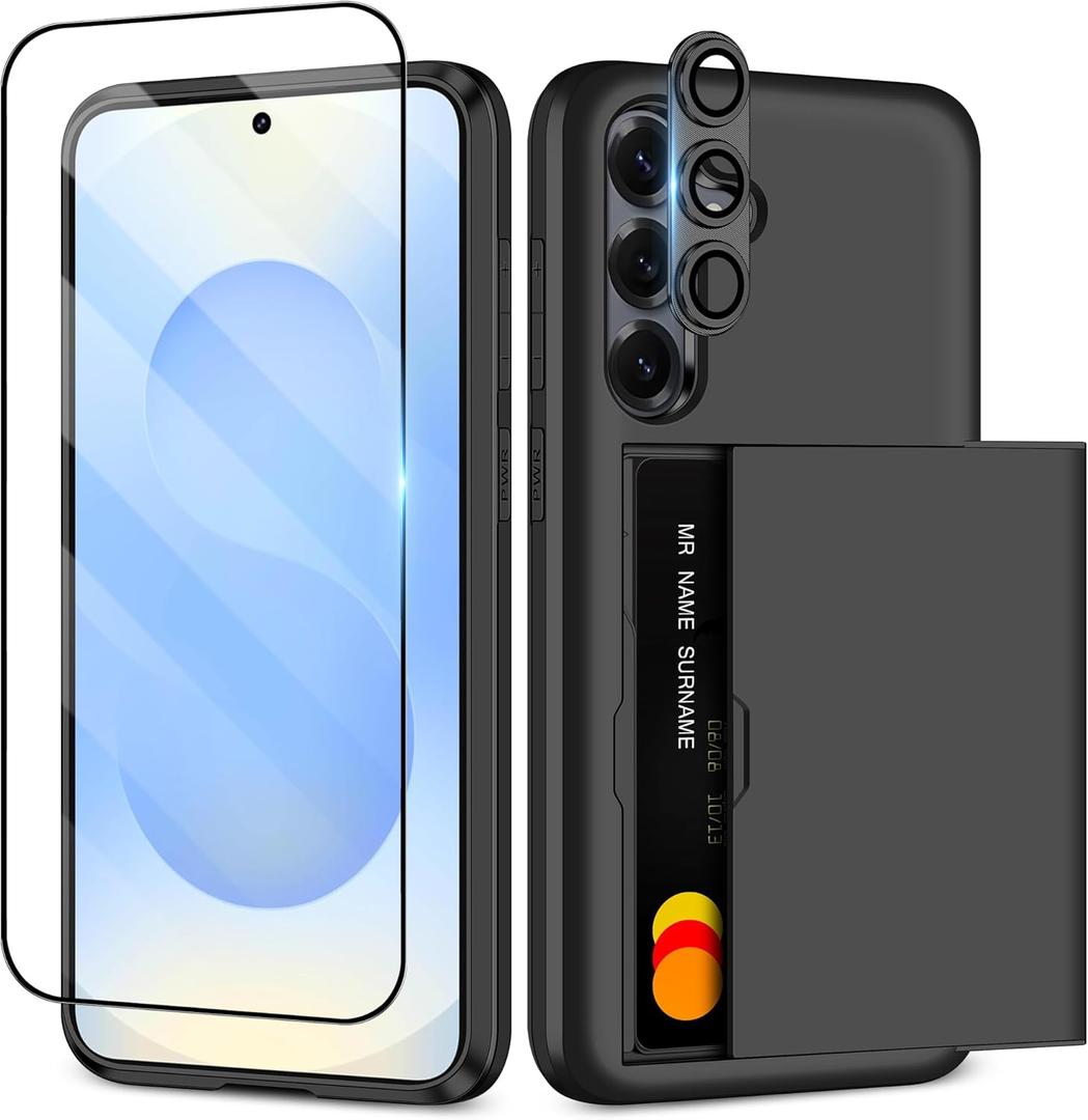SAMONPOW for Samsung Galaxy S25 Plus Case with Screen Protector + Camera Cover [4-in-1] Galaxy S25 Plus Case Wallet Card Holder Shockproof Phone Case for Samsung Galaxy S25 Plus, Black