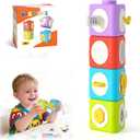 Activity Cubes & Stacking Toy Blocks Set of 4,12-in-1 Montessori Toys for 1-2 Years Old,Educational Activities Sensory Travel Toys for Airplane & Car, Perfect Birthday for Toddlers