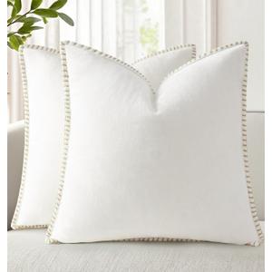 decorUhome Summer Chenille Soft Cozy Throw Pillow Covers 16x16 Set of 2, Modern Farmhouse Boho Velvet Decorative Pillow Cases with Stitched Edge for Couch Sofa Bed Home Decor, Cream White