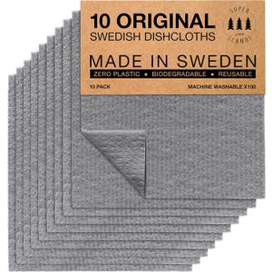 SUPERSCANDI 10 Pack Swedish Dishcloths for Kitchen - 100% Biodegradable & Compostable Reusable Paper Towels Washable, Food-Safe & Without Plastic - Dish Rags Suitable for Any Surface, Grey