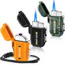 LcFun 3 Pack Waterproof Lighter Windproof Torch Lighters Butane Refillable, Electric Dual Arc Lighters USB Rechargeable Flameless Plasma Lighter Camping Hiking Survival Tactical Gear Gadgets for Men (Orange+black+camo)