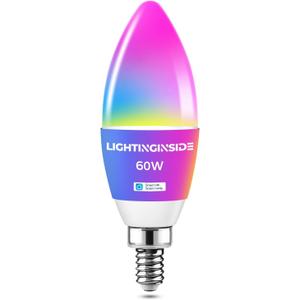 Lightinginside Candle Smart Light Bulbs 60W Equivalent, 500LM 6W WiFi E12 LED Bulb Compatible with Alexa/Google Assistant, 2.4G WiFi Only, 88+CRI, Candelabra Bulb, No Hub Required, ETL Listed,1PC