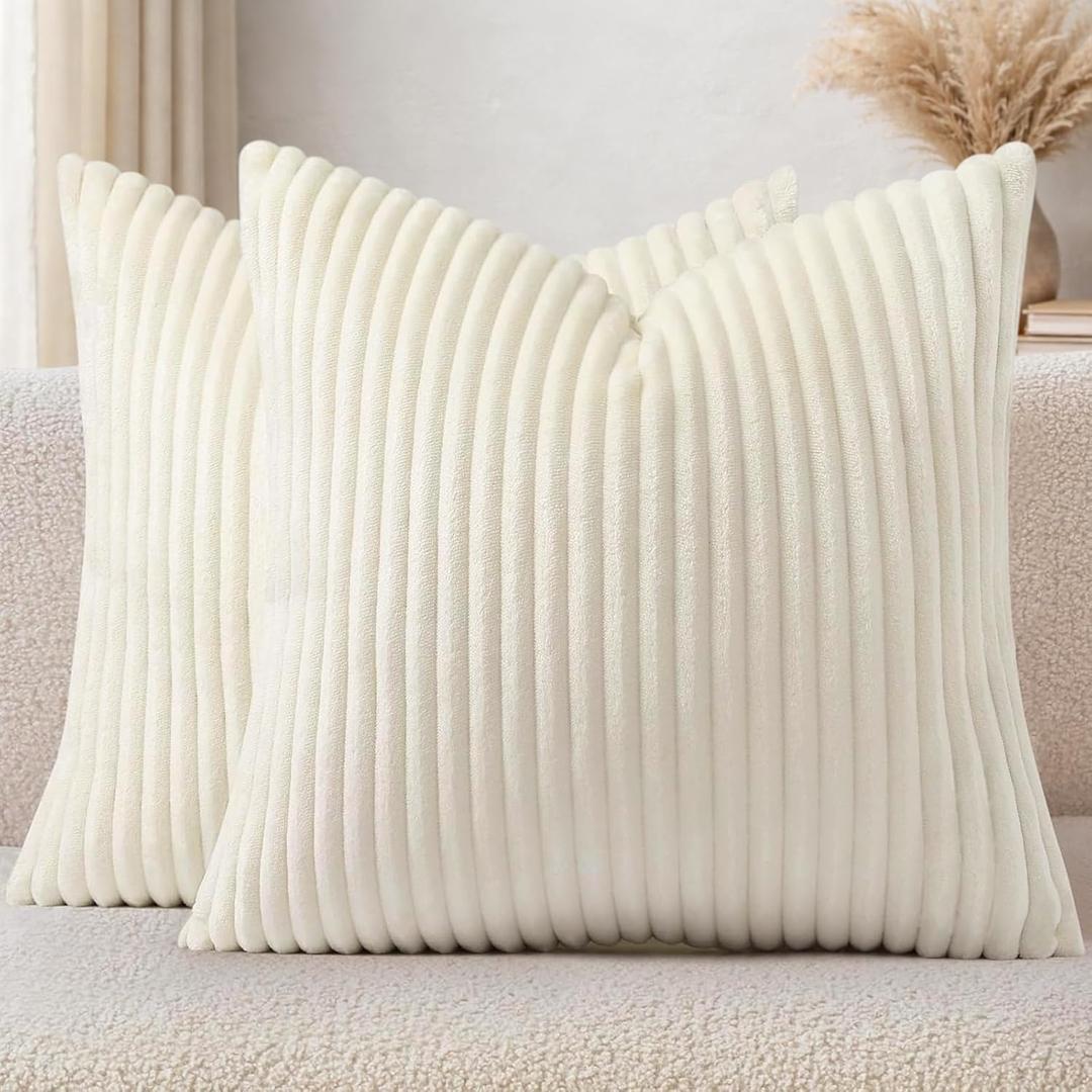 Simmore Decorative Throw Pillow Covers 18x18 Set of 2, Soft Natural Plush Flannel Double-Sided Fluffy Couch Pillow Covers for Sofa Living Room, Cream White