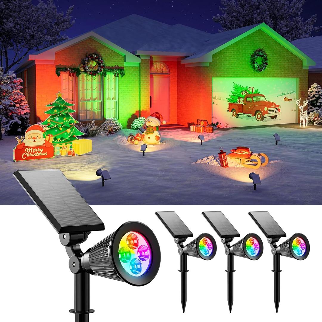 4 Pack Christmas Color Change Solar Spotlights Outdoor Waterproof Led Landscape Spot Lights Uplighting for Gingerbread Man, Snowman, Reindeer, Decorations, Holiday Ambient Lighting Lawn, Yard, Garden