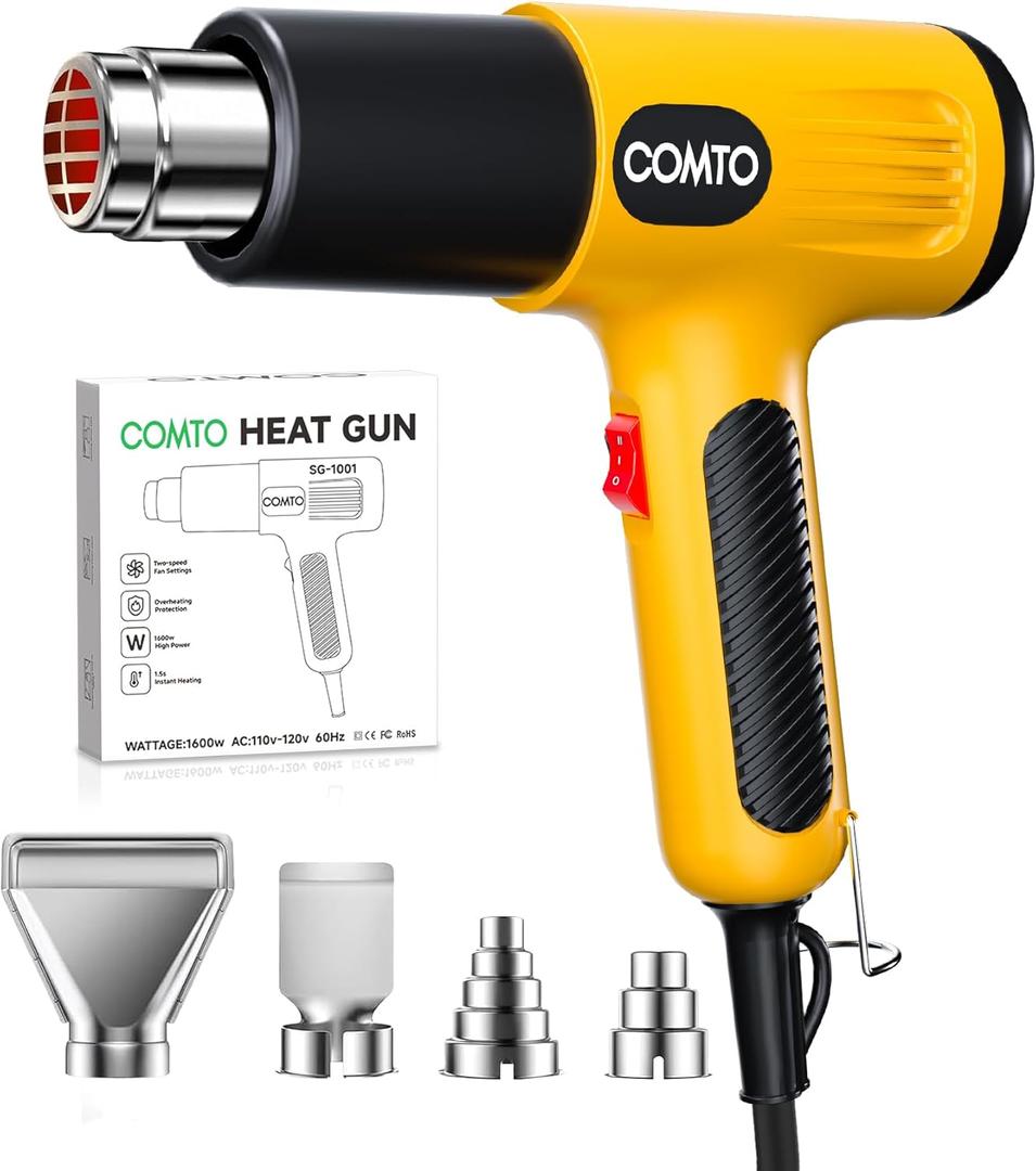 1600W Heat Gun, Hot Air Gun with 2 Temp Settings, 4 Nozzles, Overheat Protection, for Shrink Tubing, Shrink Wrap, Crafting, Resin, and DIY Projects - Yellow