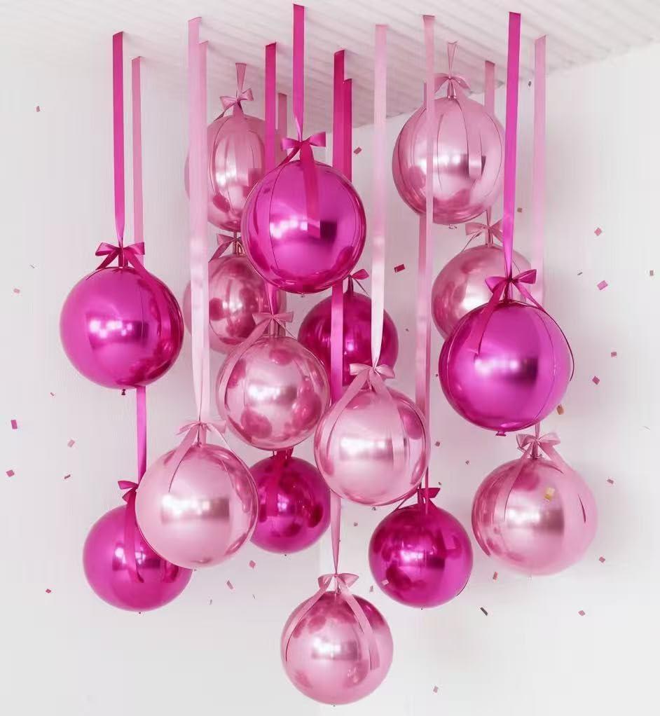 24 Set Pink & Hot Pink Round Foil Balloons, 18 Inch Giant 4D Ball Metallic Mylar Balloons Kit with Bows & Ribbons for Ceiling Hanging Birthday Graduation Bachelorette Anniversary Party Decorations