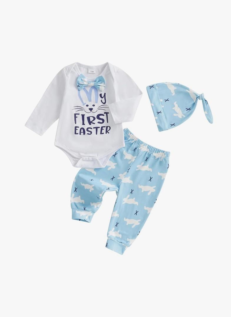 Gueuusu My First Easter Baby Boy Outfit Long Sleeve Bunny Romper Rabbit Long Pants Hat 3Pcs Clothes Set (6-12M)