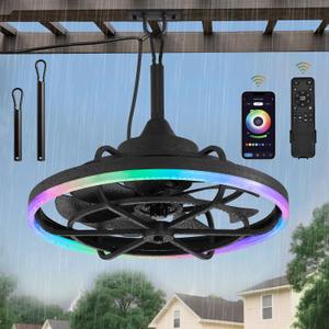 Fanbulous Outdoor RGB Ceiling Fans with Light for Patios, 20" Waterproof Plug in Ceiling Fan, Gazebo Fan Remote&APP Control, 3CCT Dimmable,Caged Ceiling Fan with Hanging Hook for Porch, Pergola