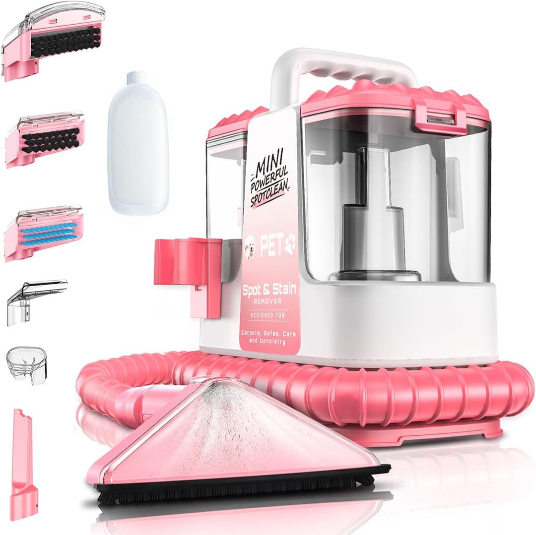 Portable Carpet + Upholstery Spot Cleaner Machine, 20Kpa Powerful Suction with 5 Cleaning Tools, 17oz Cleaning Solution, Car/Auto Detailer, Lightweight Compact Design, Pink