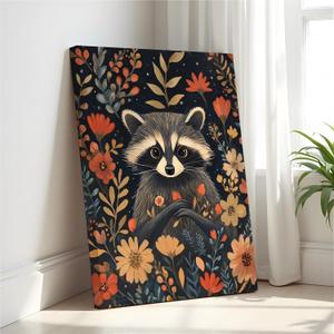 Raccoon Art Print Canvas Wrapped Painting, William Morris Style Retro Mid Century Botanical Victorian Dark Academia Gothic Decor Gallery 10b (Raccoon, 20"L x 16"W CANVAS, Wrapped Canvas)