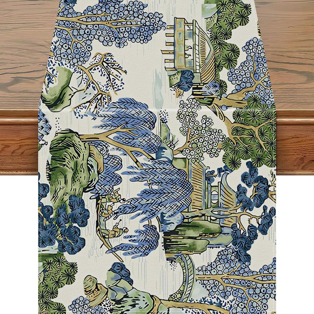 Snycler 13x48 Inch Table Runner Chinoiserie Vintage Style Mountain Spring Summer Table Runner, Seasonal House Trees Luxury Farmhouse Kitchen Dining Table Decoration for Home Party Decor