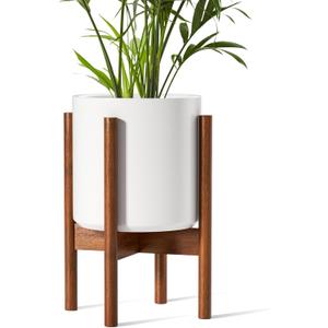 LE TAUCI 10 Inch Planter with Acacia Wood Stand, Ceramic Planter for Indoor Plants with Plant Holder, Mid-Century Modern Home Decor, Round Flower Pots with Drainage Hole, White