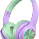 Kids Bluetooth 6.0 Headphones with LED Light, 85Hours Playtimes, Type-C Fast Charging, 85/94dB Volume Limited, Comfort Headphones with Built-in Mic, Wired & TF Card Mode,Green and Purple
