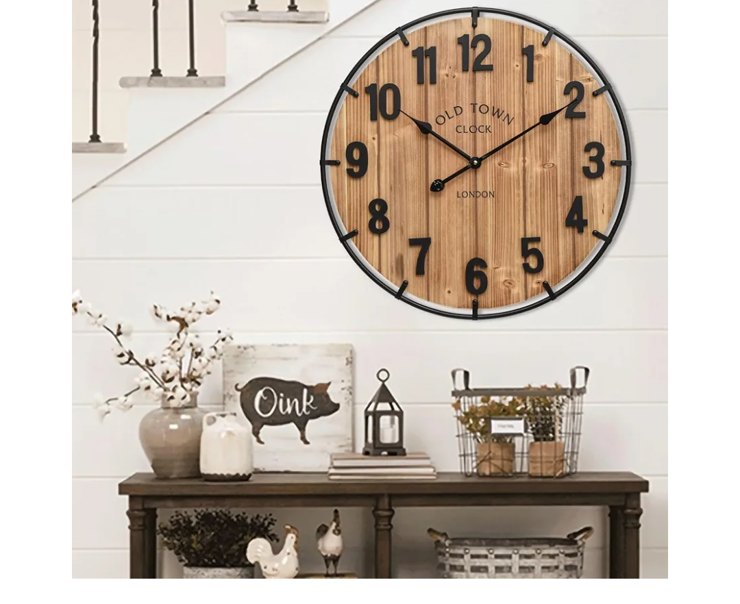 Large Old Town Farmhouse Wall Clock 24 Inch Rustic Antique Wood with Metal Circle and Large Numerals Silent Battery Operated Wall Clock for Office Kitchen Bedroom Living Room