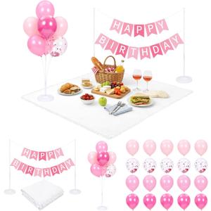Thenshop Large Outdoor Picnic Blanket with Happy Birthday Banner Balloons Picnic Pink Birthday Party Decor Balloon Stand Kits for Camping Outdoor Backyard Party Decor(Pink)