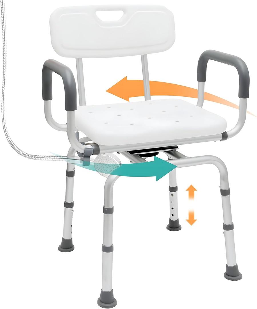 360 Degree Shower Chair Swivel,Portable Seat with Armrests and Back, Adjustable Height Seat for Bathtub (White1)