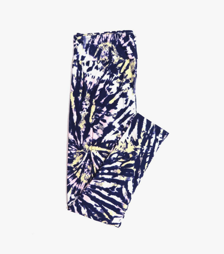 Lularoe Tall Curvy (TC fits Sizes 12-18) Tye Dye Blue Yellow White Buttery Soft Adult Leggings, Pack Of 2