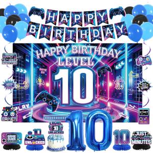 Vlipoeasn Video Game 10th Birthday Decorations for Boys, Purple and Blue Level 10 Banner Backdrop Honeycomb Centerpieces Hanging Swirls for 10th Birthday Party, Gamer 10 Years Old Party Supplies