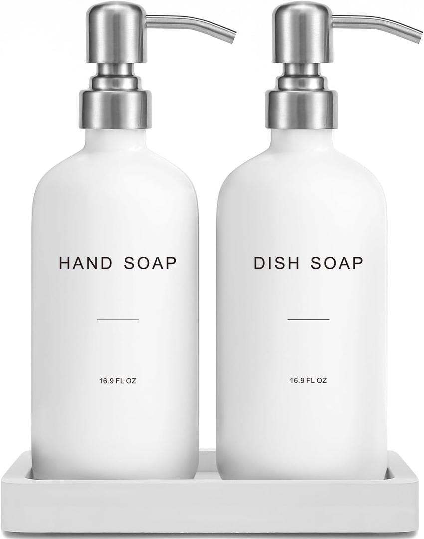 Prus Waso White Soap Dispenser for Kitchen Sink, Dish and Hand Soap Dispenser with Silver Stainless Steel Pump, Perfect for Kitchen Decor and Accessories. (Silver & White)