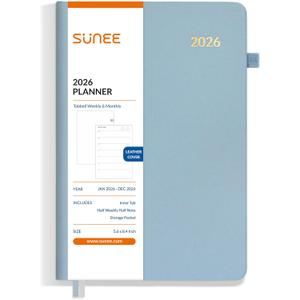 SUNEE 2026 Weekly and Monthly Planner 5.5" x 8.3" (January 2026-December 2026), Half Weekly Half Note, Small Yearly Calendar Planner, Leather Hardcover, 100 GSM Paper, Notes, Inner Pocket, Blue