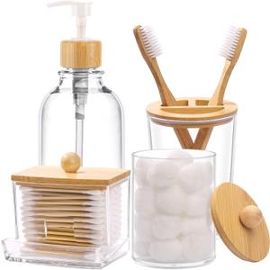 Bamboo Bathroom Accessories Set 4 Pcs - Clear Toothbrush Holder Plastic Soap Dispenser and 2 Qtip Holder Cotton Swab/Pad/Ball Container Jar