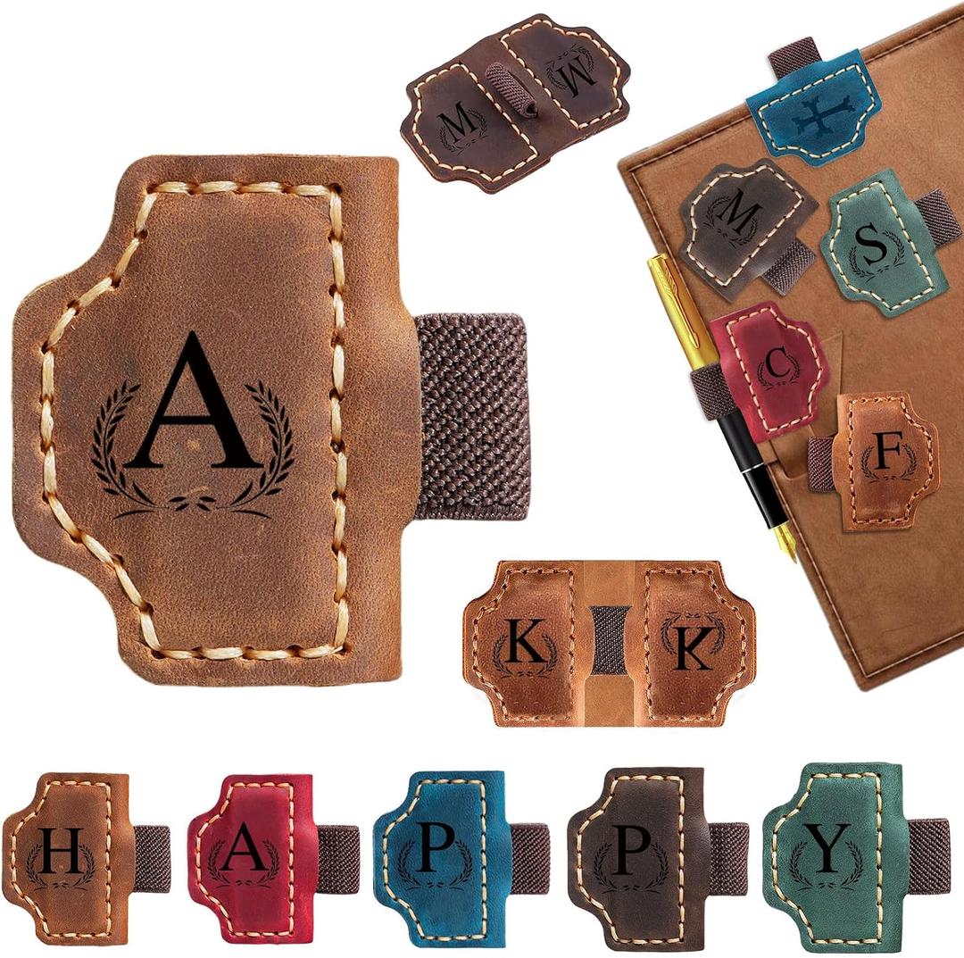 5 x Custom Bygone Mark Bookmark with Pen Holder, 26 Letters Name Initial Personalized Magnetic Leather Bookmark, Gifts for Book Lovers, Readers, Travelers, Leather Book Marks (Light Brown, A)