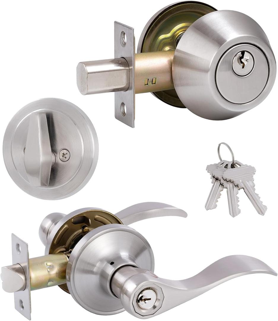 (1 Pack) Keyed Alike Front Door Lever Lockset with Single Cylinder Deadbolt Combination Set, Wave Style Lever, Front Door/Exterior Door Knob with Lock and Deadbolt, Satin Nickel Finished