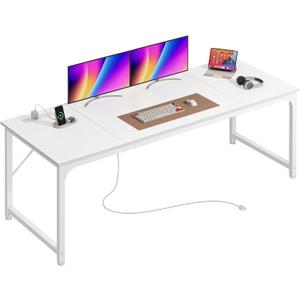 PRAISUN 70 x 24 Inch Computer Desk with Power Outlets & USB-C, White, 71 Inch
