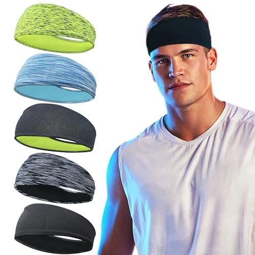 5 Pack Sports Headband for Men, Thin Breathable Design, Reused & Washed Mens Headband Sweat Bands for Running Yoga Football Fitness Workout