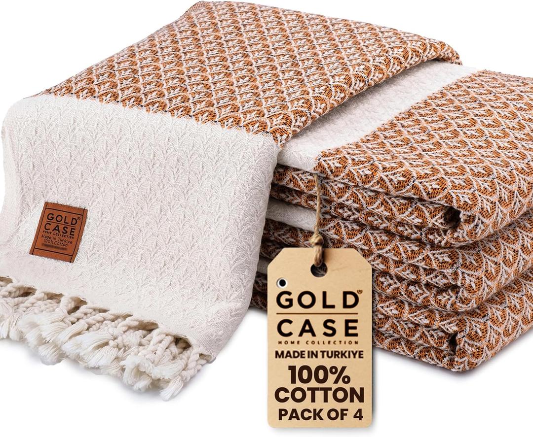 Gold CASE Turkish Beach Towel Set of 4  100% Cotton Large Turkish Bath Towels 67 x 38''  Helen Extra Large, Quick Dry & Sand Free Towels  Peshtemal for Pool  Orange