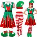 Floraltop 4 Pcs Women Christmas Elf Costume Set Santa's Helper Christmas Dress Elf Hat Striped Tights Shoes for Women (Medium)