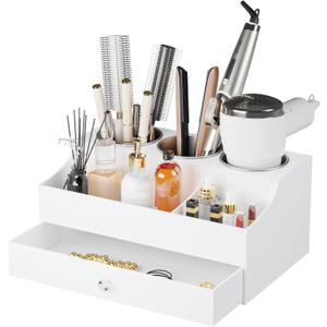 Hair Tool Organizer, Acrylic Hair Blow Dryer Holder Stand for Straightener and Curling Storage, Bathroom Vanity Countertop Organization for Makeup Accessories (White) (Plus)