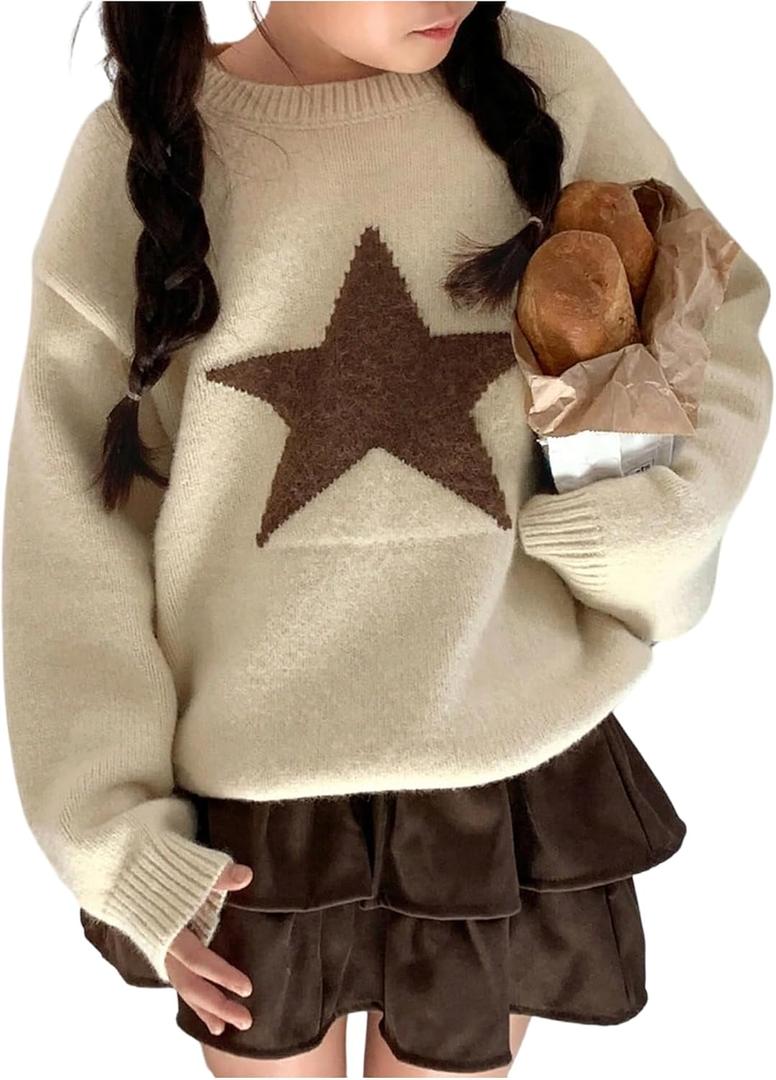 BEAUDRM Girl's Star Graphic Sweaters Cute Crew Neck Long Sleeve Knitted Pullover Jumper Tops (Beige), Size 11 years