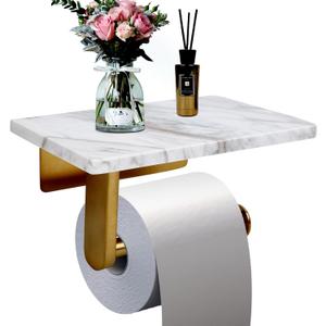 Toilet Paper Holder with Natural Marble Shelf for Bathroom Washroom,Wall Mounted Tissue Holder Suitable for Mega Roll (Brushed Gold, Middle 7.87 * 4.72 in)