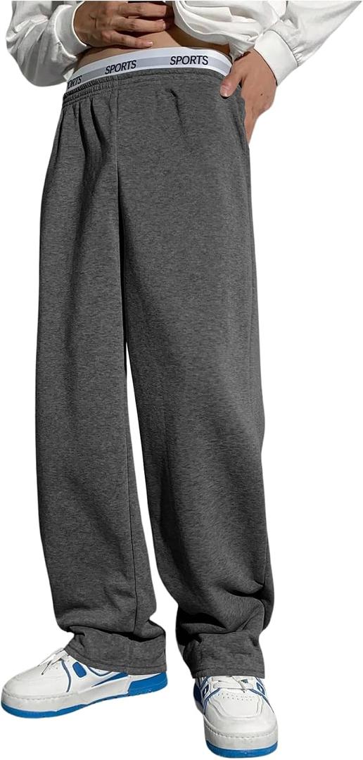RoseSeek Boy's Wide Leg Baggy Sweatpants Letter Athletic Track Pant Joggers (Gray, L)